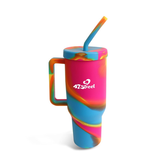 A drink bottle featuring a vibrant pink, blue, and yellow swirl design with a handle and a straw, including a logo.