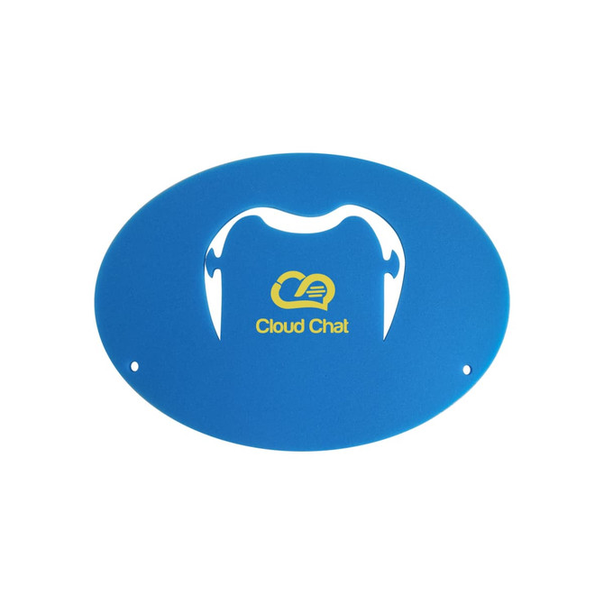 A blue oval-shaped promotional product with a cut-out design resembling a moustache and a logo.