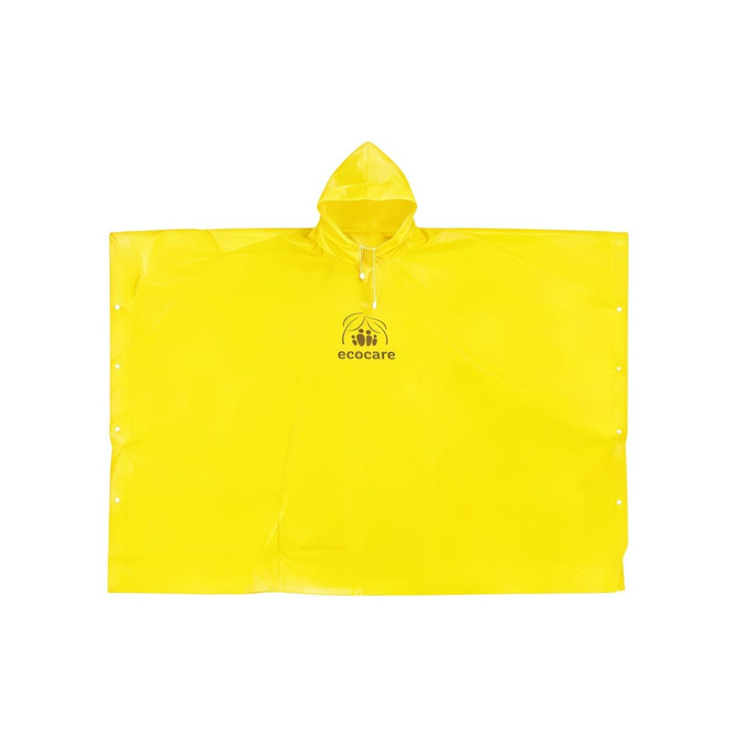 A yellow PEVA rain poncho with a hood, featuring a logo at the centre. Suitable for outdoor use.