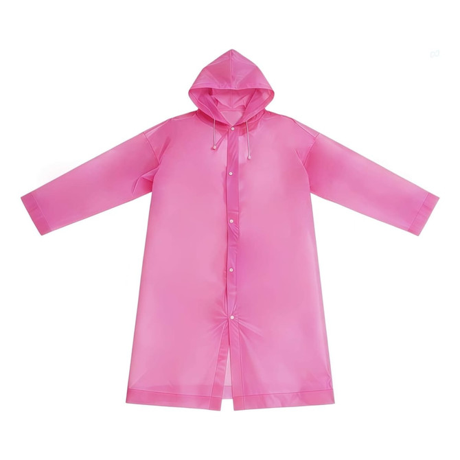 A pink reusable PEVA raincoat with a hood and buttons, designed for adults. It features a logo on the chest area.