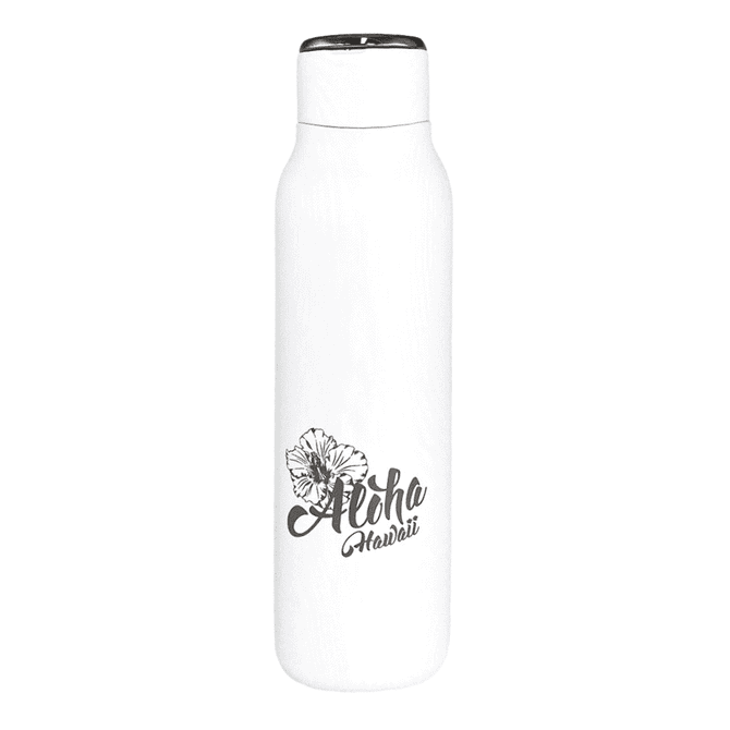A drink bottle in white featuring a floral design and a logo, with a metal loop and a 600ml capacity.