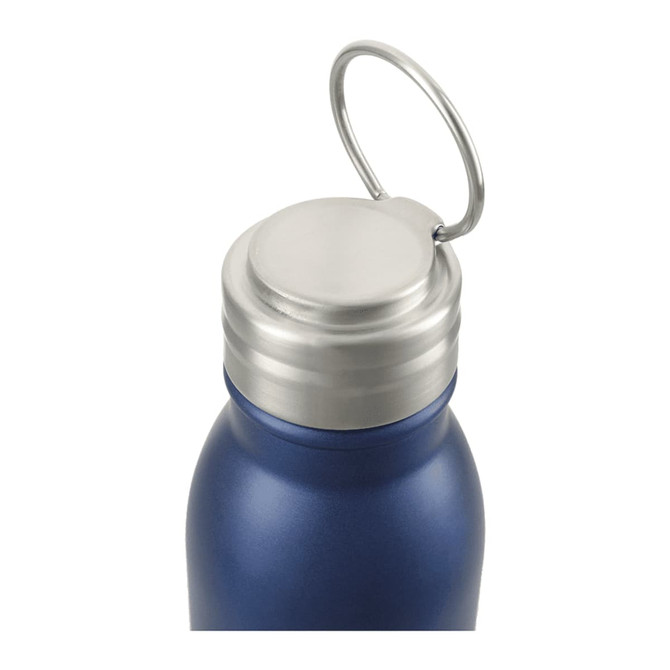 A drink bottle in a matte navy blue finish with a silver cap and a metal ring for attachment.