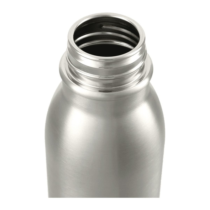 A drink bottle in brushed stainless steel featuring a wide opening and a sleek design. It has a logo on the surface.