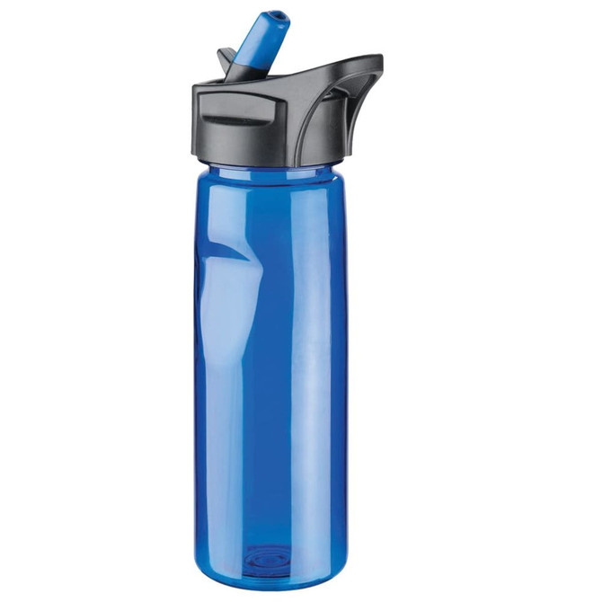 A drink bottle in blue with a grey lid and a straw, featuring a logo on the side. It holds 600ml.