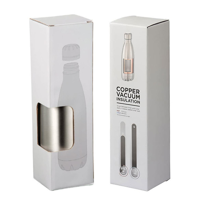 A white box packaging for a silver drink bottle with copper vacuum insulation, featuring a logo and a clear display window.