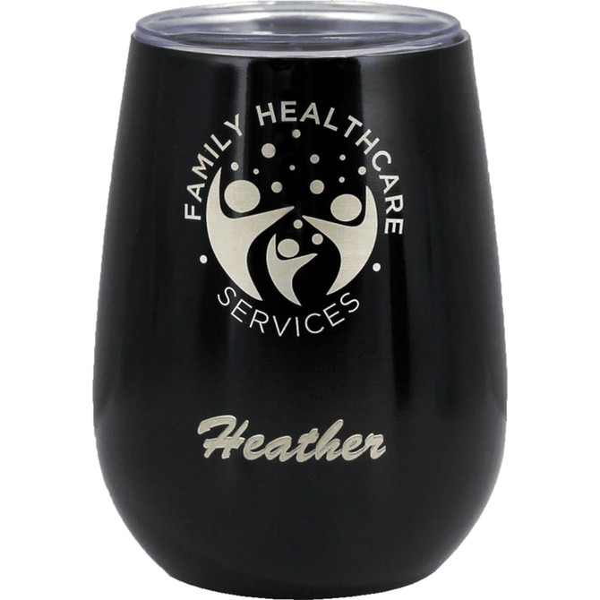 A drink bottle with a matte black finish, featuring a logo and personalised engraving. It has a vacuum insulated design.