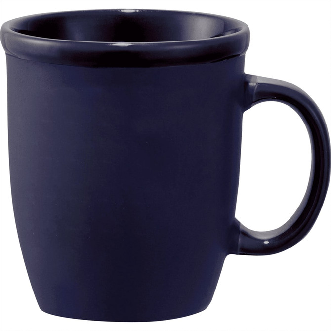 A ceramic coffee mug in dark navy blue with a smooth finish and a rounded handle. Features a logo.