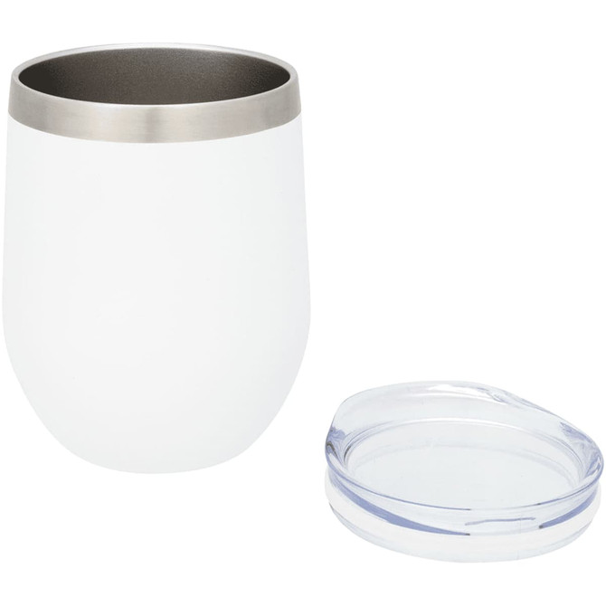 A drink bottle in white with a stainless steel rim, accompanied by a clear lid. Features a logo.