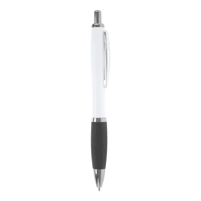 A white ballpoint pen with a coloured grip and silver accents, featuring a clip and a logo.