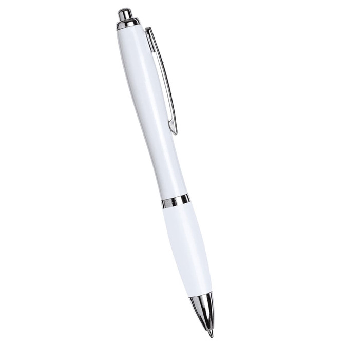 A shiny white ballpoint pen with chrome accents and a clip. The pen features a smooth, sleek design.