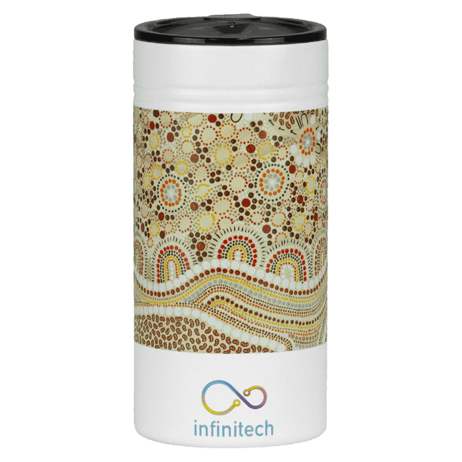 A drink bottle featuring a patterned design in earthy tones and a black lid, with a logo at the bottom.