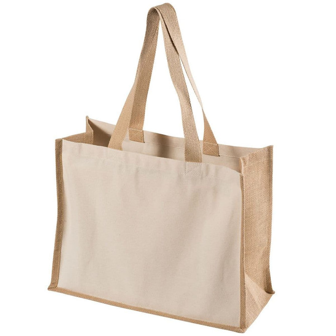 A cream tote bag with tan accents and dual handles, featuring a logo on the front.