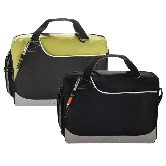 A laptop bag set featuring one black bag and one black with lime green accents, both with a shoulder strap and logo.