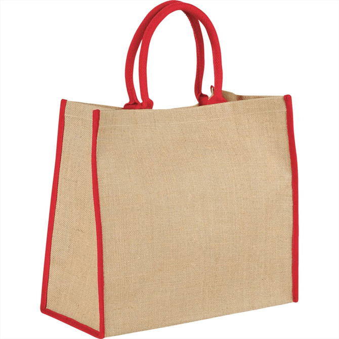 A large jute tote bag in natural colour with red accents and handles, featuring a logo.