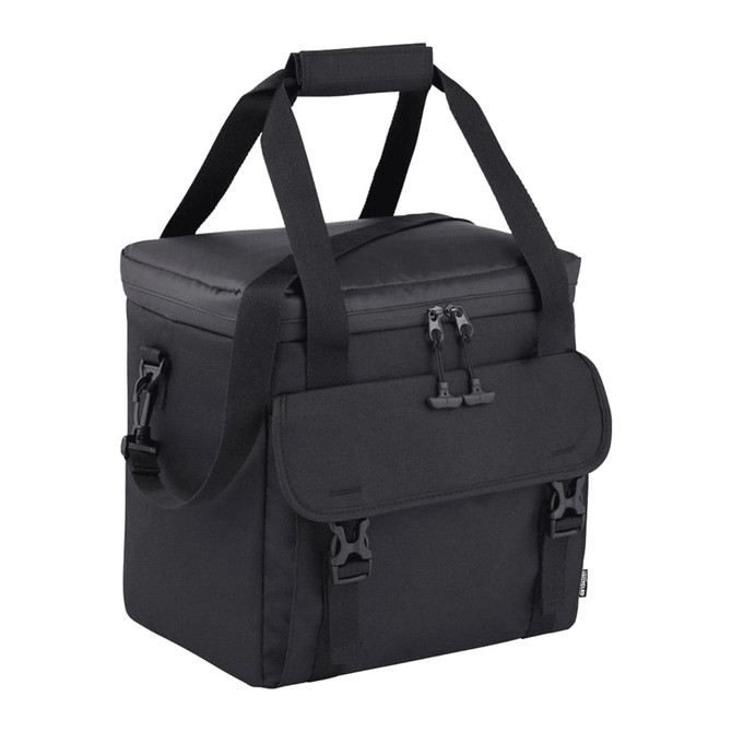 A black cooler bag with a sturdy handle and adjustable straps, designed to hold 24 cans.