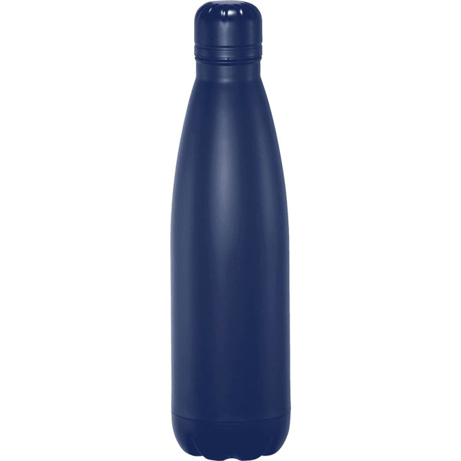 A drink bottle in a sleek navy blue design, featuring a vacuum insulated structure and a rounded base.