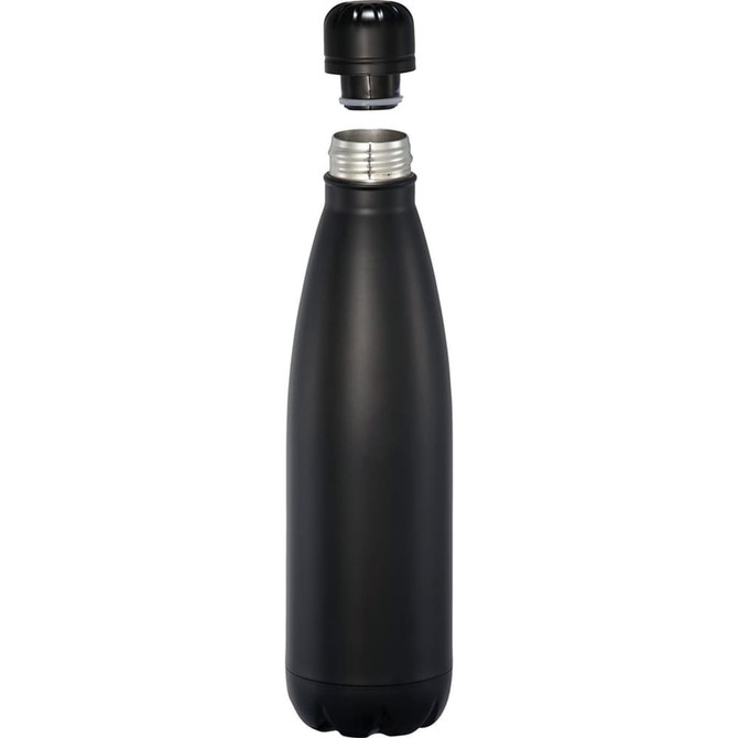 A drink bottle in matte black with a removable cap, featuring an insulated design for temperature retention.