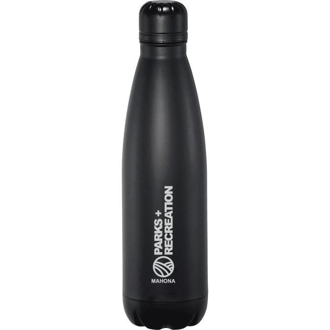 A drink bottle with a sleek black design and a logo, featuring a vacuum-insulated construction.