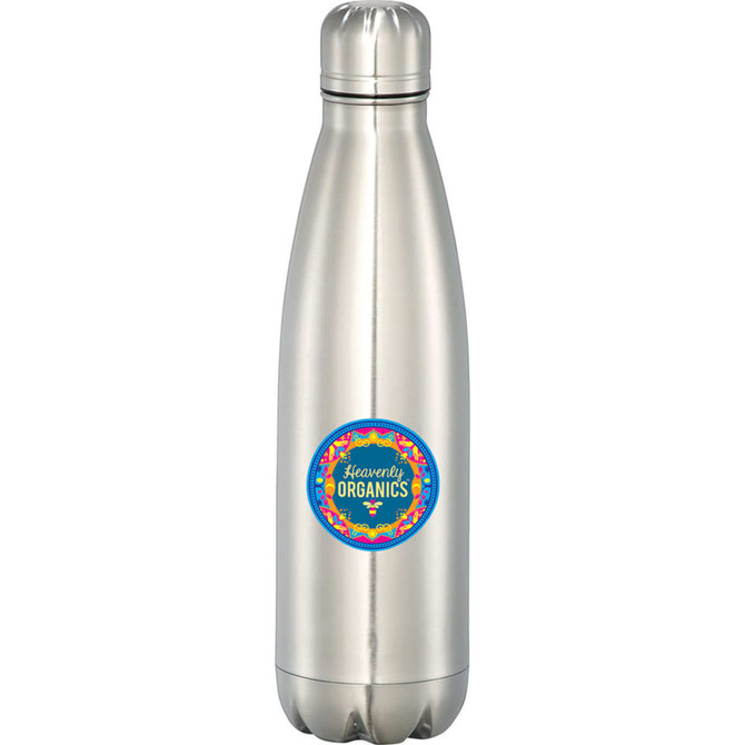 A drink bottle in stainless steel with a silver finish, featuring a round logo on the body.