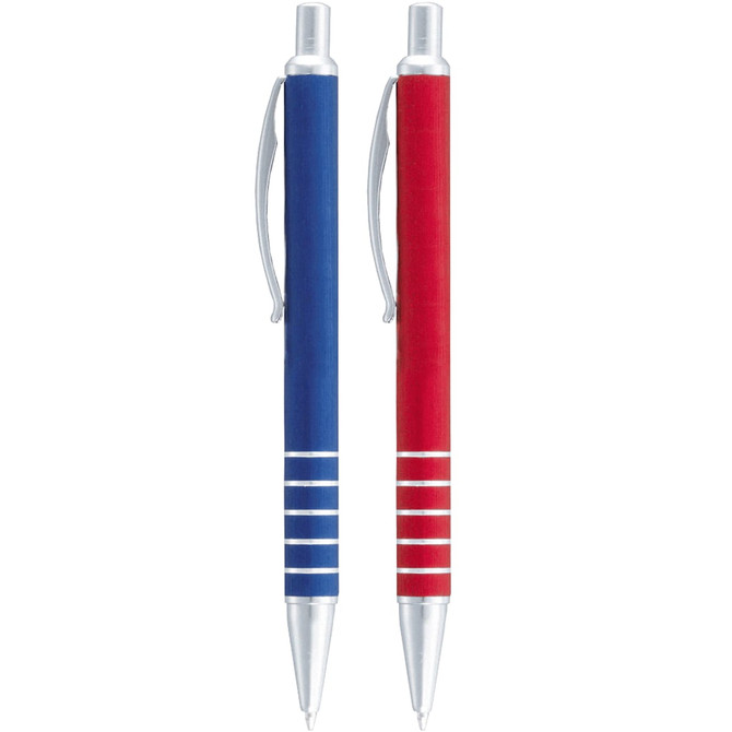 A set of two Kingston Click Ballpoint Pens, one blue and one red, featuring silver accents and branding.