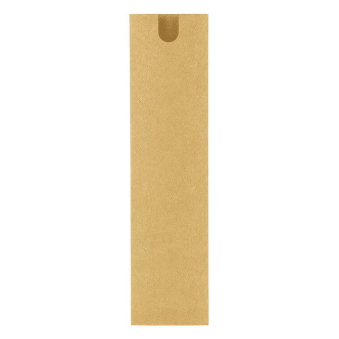 A brown cardboard packaging sleeve with a cut-out at the top, designed to hold a pen or similar item.
