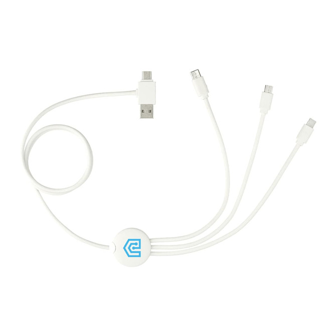 A white 5-in-1 charging cable with multiple connectors and a logo on the centre hub.