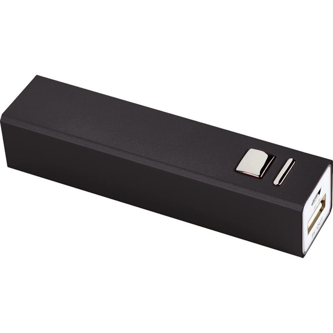 A black power bank featuring a USB port and a button, with a subtle logo on the surface.