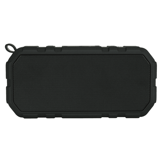A rectangular black waterproof Bluetooth speaker with a textured surface and rugged edges, featuring a small attachment loop.
