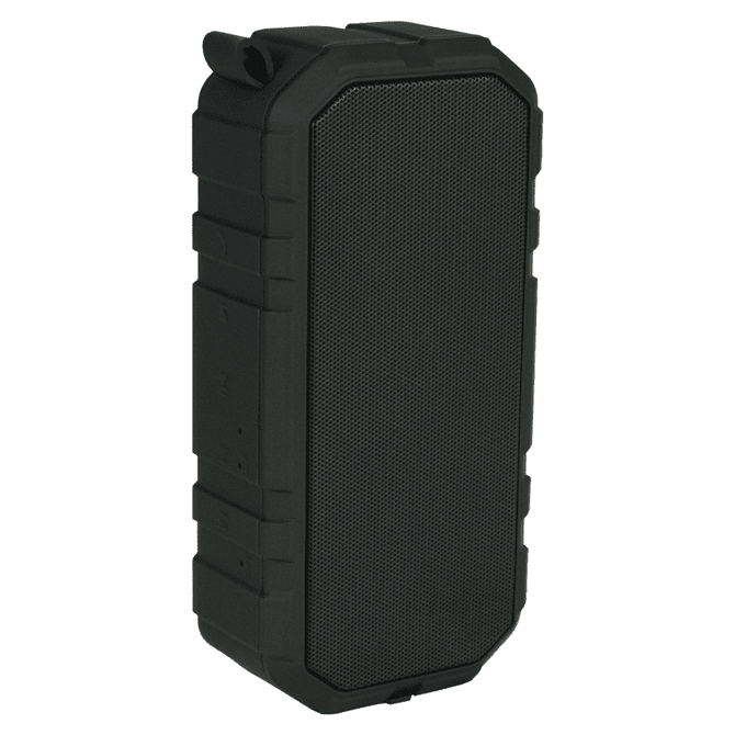 A rugged black outdoor waterproof Bluetooth speaker with a textured surface and a logo on the side.