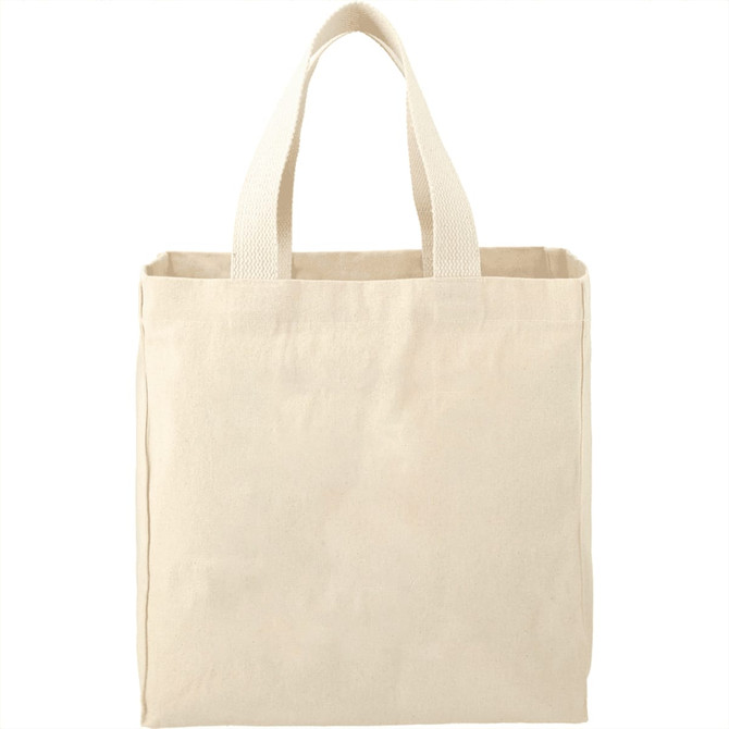A beige reusable grocery tote bag with two handles, featuring a logo. The bag is made of cotton and has an 8L capacity.