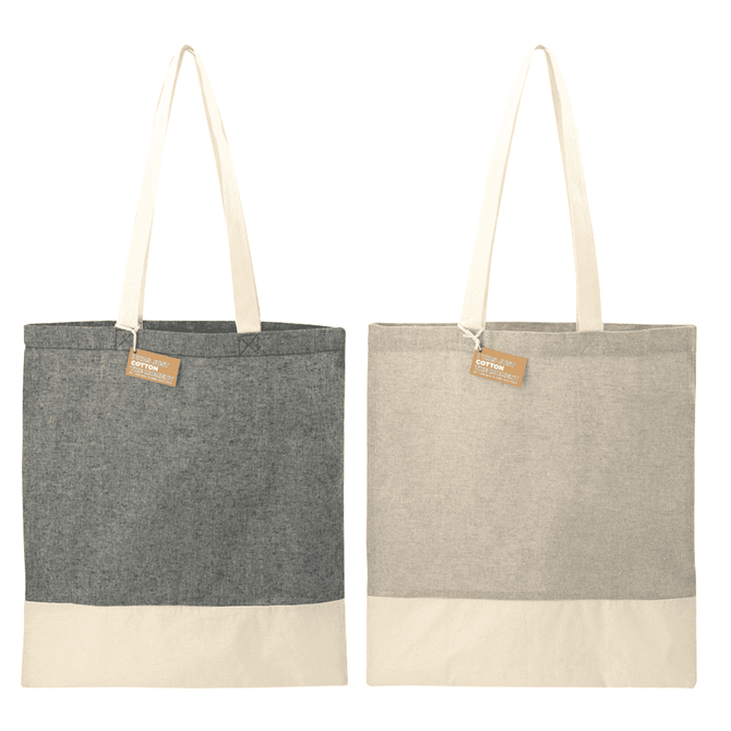 A recycled cotton twill tote in dark grey and light beige, featuring contrasting bottom panels and handles.