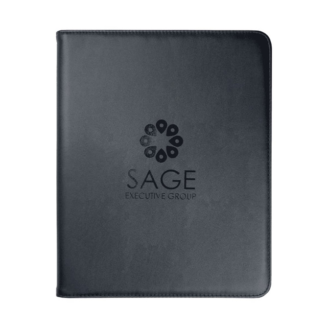 A black imitation leather zip compendium featuring a logo on the front cover.