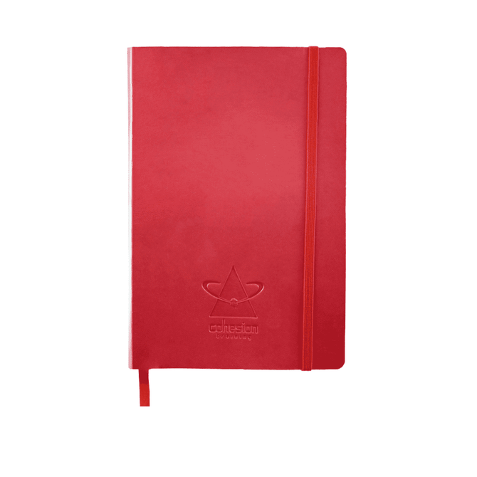 A red journal with a sleek cover, featuring an elastic closure and a logo embossed on the front.