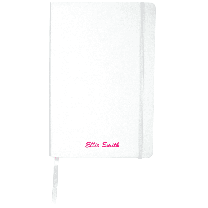 A white notebook with a ribbon bookmark and a pink name in a branded design.