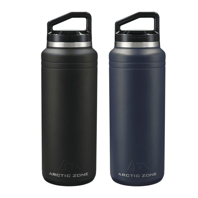 A drink bottle set featuring two 1L containers in black and dark blue, each with a handle and a logo.