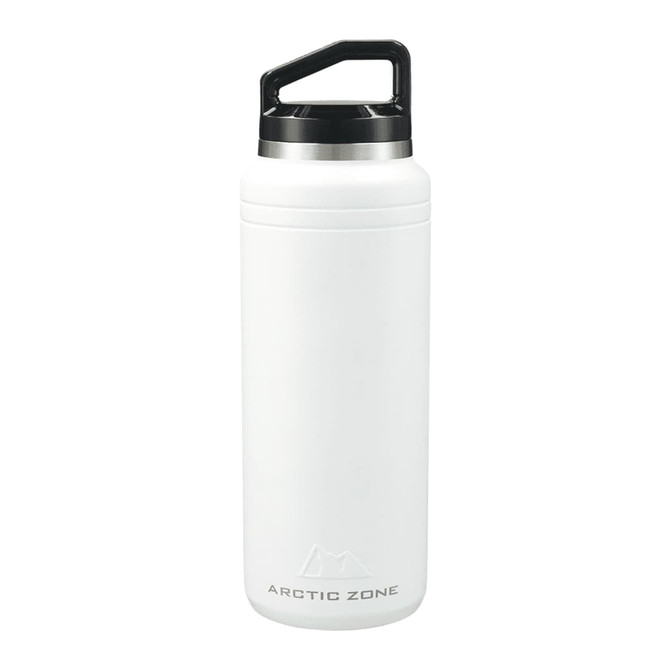 A drink bottle made of stainless steel, featuring a white body and a black lid, designed for keeping beverages cold.