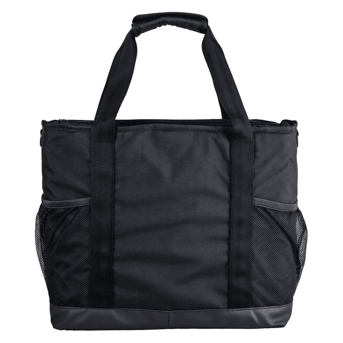 A black cooler bag with sturdy handles and mesh side pockets, featuring a logo on the front.