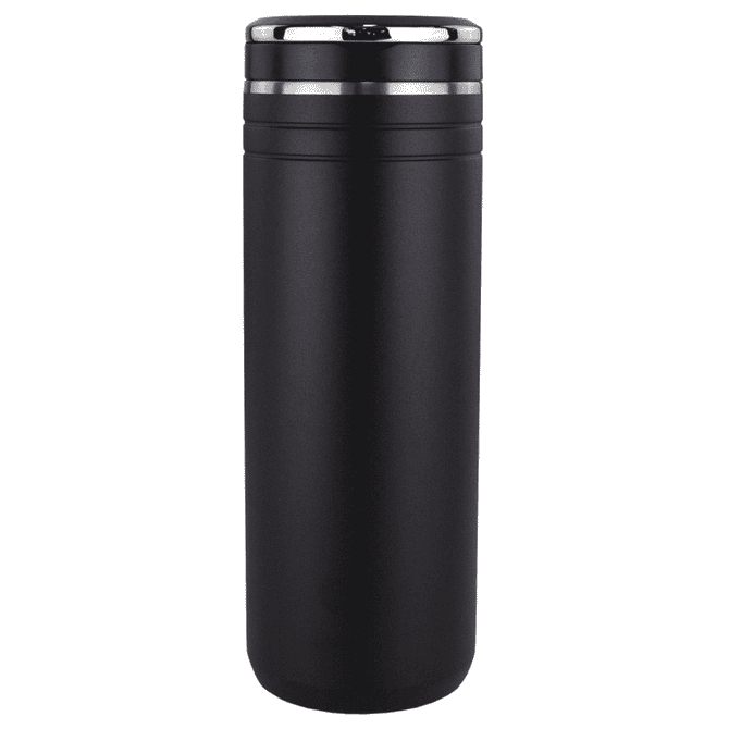 A drink bottle in matte black with a silver band and a straw opening at the top, featuring a logo.