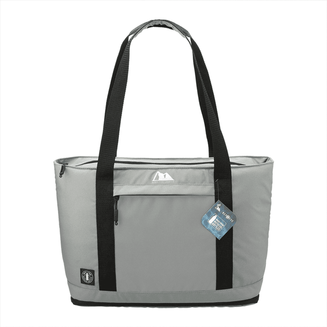 A grey expandable cooler bag with black straps, featuring a front pocket and a logo tag.