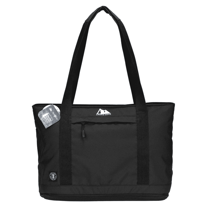 A black expandable cooler bag with dual handles and a logo, featuring a zippered pocket on the front.