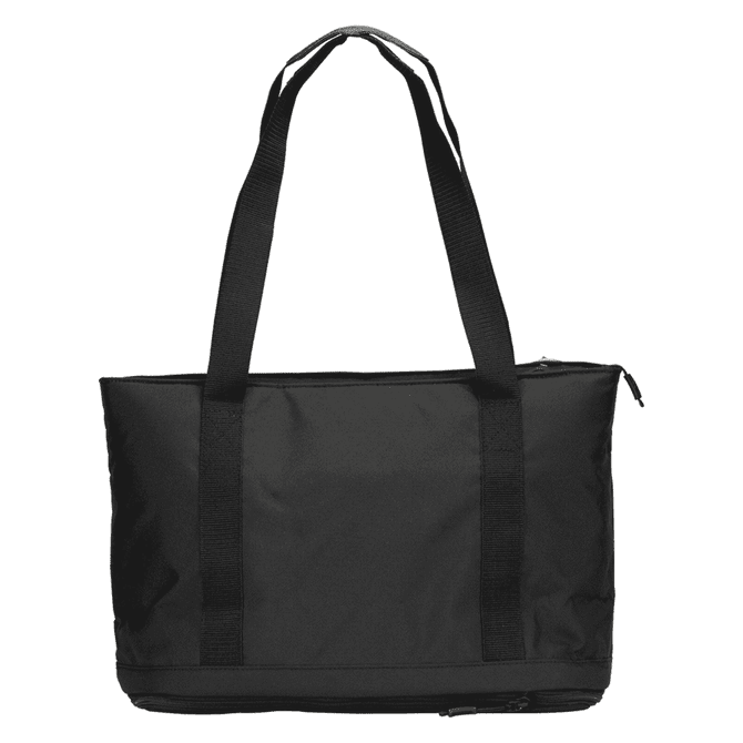 A black cooler bag with sturdy straps and a zip closure, featuring a logo on its surface.
