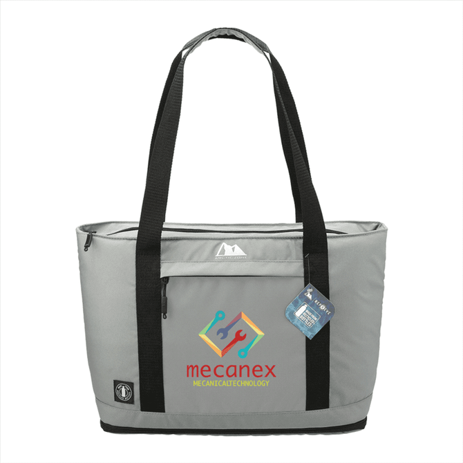 A grey cooler bag with black straps, featuring a front pocket and a logo. Holds 25-50 cans and has expandable capacity.