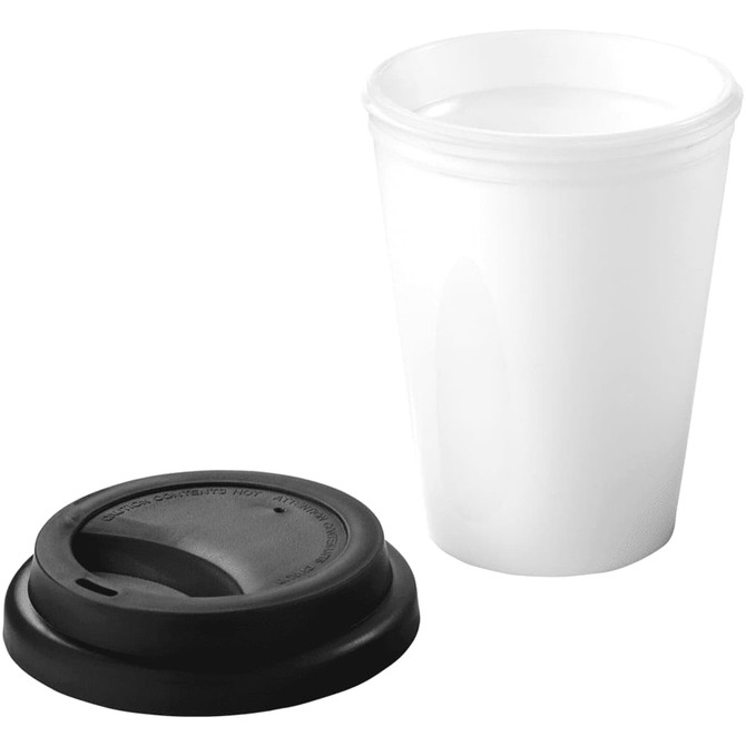 A drink bottle featuring a white antibacterial insulated tumbler and a black lid, with a logo.