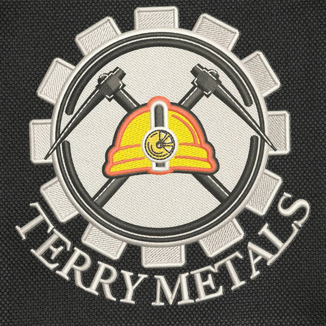 A dark textured background with a circular logo featuring a miner's helmet, crossed hammers, and the words "Terry Metals".