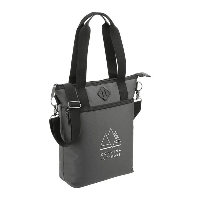 A grey laptop tote bag with black straps and a logo. It features a top zip and front pocket.