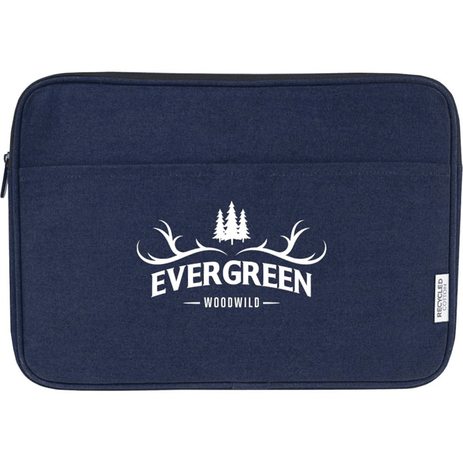A navy laptop sleeve with a front logo and a zipper closure, designed for 16-inch laptops.