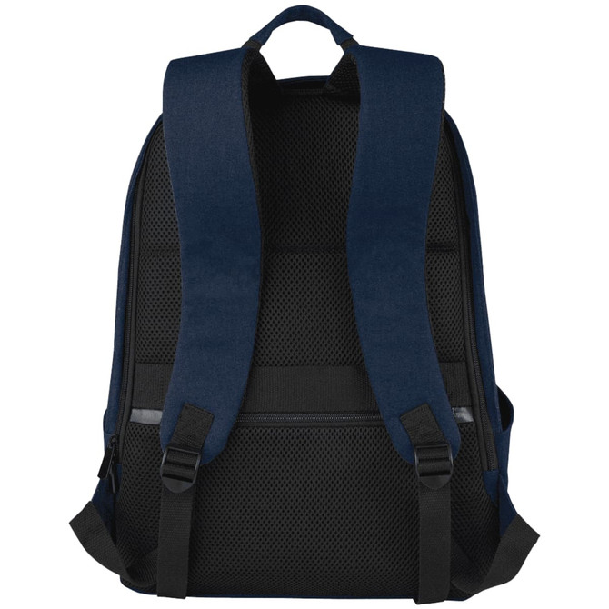 A navy blue laptop backpack featuring padded straps and a mesh back panel, designed for comfort and anti-theft protection.
