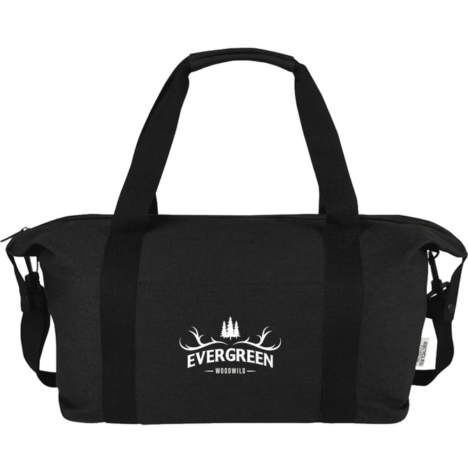 A black duffle bag with handles and an adjustable shoulder strap, featuring a logo on the front.