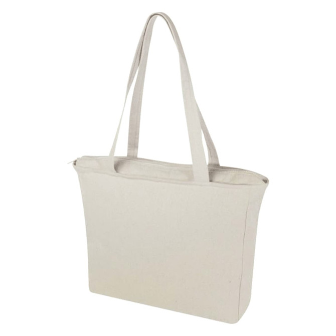 A cream tote bag with sturdy handles and a zip closure, featuring a logo. Ideal for casual use.