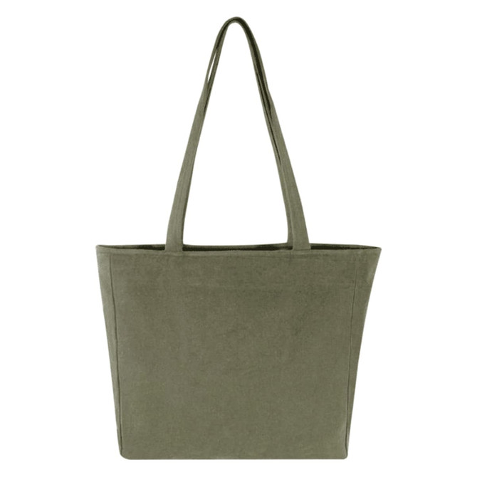 A sturdy olive green tote bag with two handles and a simple design. Features a logo on the side.